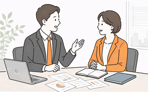 経営者と話し合う社員のイラスト